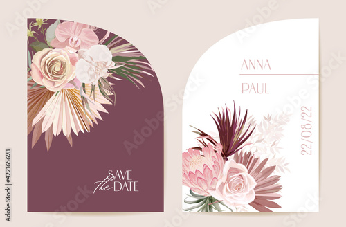 Boho orchid, pampas grass, protea card template. Modern minimal Art Deco wedding vector Invitation set