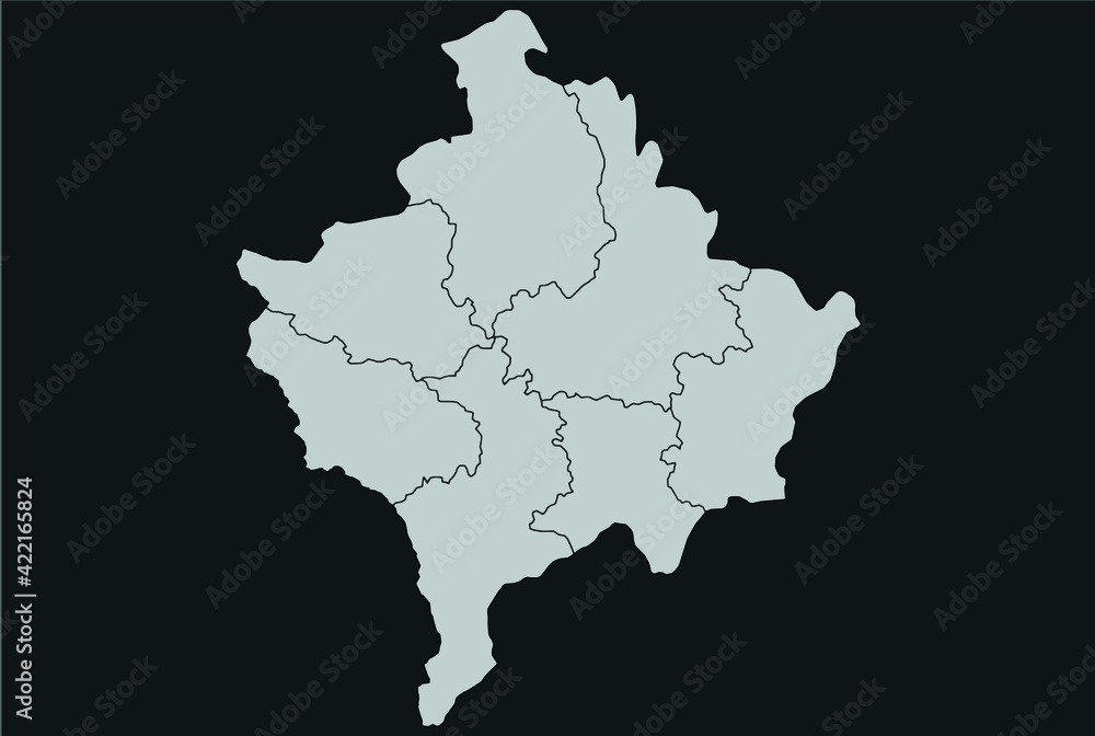 Contour vector map of Kosovo with the designation of the administrative borders of the regions on a dark background.