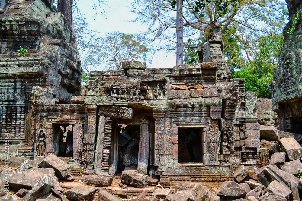 Ta Prohm Temple, near to Siem Reap, Cambodia. One of the most monumental temples on the territory of the Hindu complex Angkor in Cambodia. Located in thick jungle in a dilapidated condition. Roots