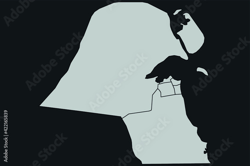 Contour vector map of Kuwait with the designation of the administrative borders of the regions on a dark background.