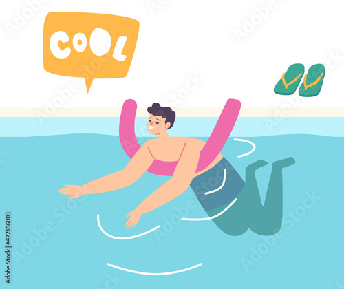 Little Boy Learning to Swim Floating on Bar in Swimming Pool or Sea. Child Male Character Sports Activity, Recreation