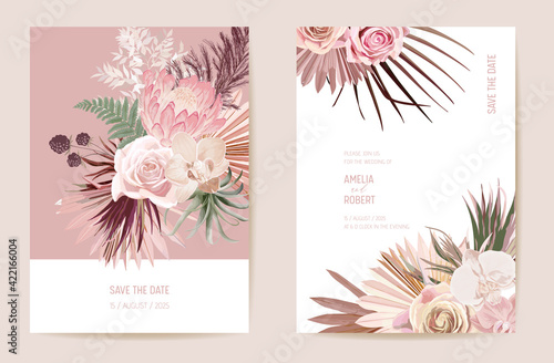 Vector exotic dry flower, palm leaves boho invitation card. Wedding dried protea, orchid, pampas grass
