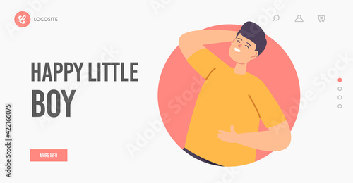 Happy Little Boy Landing Page Template. Jolly Schoolkid Happiness, Kid Laughing Concept. Happy Boy Character Laugh