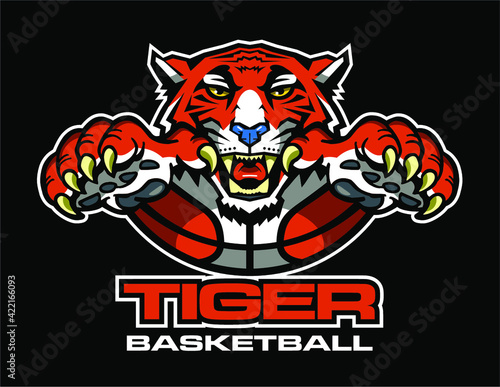 tiger basketball team design with mascot and ball for school, college or league