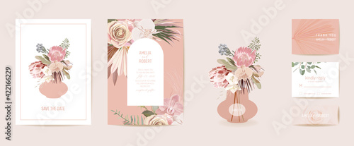Modern minimal Art Deco wedding vector Invitation set. Boho orchid, pampas grass, protea card template