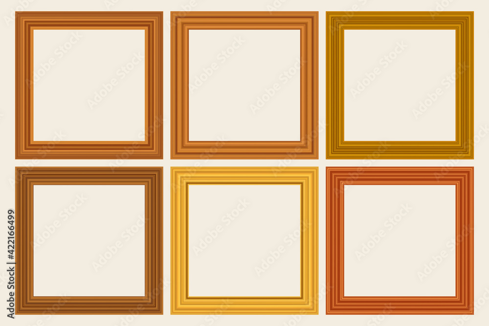 Fototapeta premium Set of squared golden vintage wooden frame for your design. Vintage cover. Place for text. Vintage antique gold modern rectangular frames. Template vector illustration