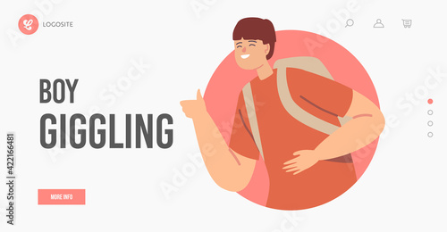 Boy Giggling Landing Page Template. Happiness, Childhood, Jolly Schoolkids, Kids Laughing. Happy Character Laugh
