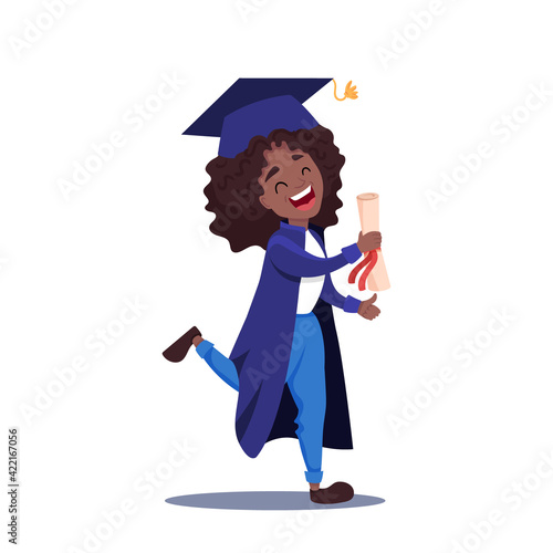 Young African-American smiling girl in graduation cloak and hat showing diploma. Concept of education and online learning due to coronavirus situation. Vector cartoon illustration
