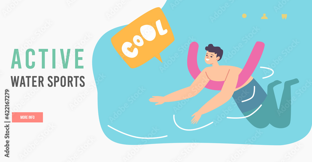 Summer Recreation in Ocean or Lesson Landing Page Template. Little Boy Learning to Swim Floating on Bar in Swimming Pool Summer Recreation in Ocean or Lesson Landing Page Template. Little Boy Learning to Swim Floating on Bar in Swimming Pool