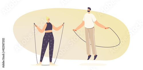 Adult Male and Female Characters in Sportswear Exercising with Jump Rope. Sports Recreation, Outdoor or Active Sparetime