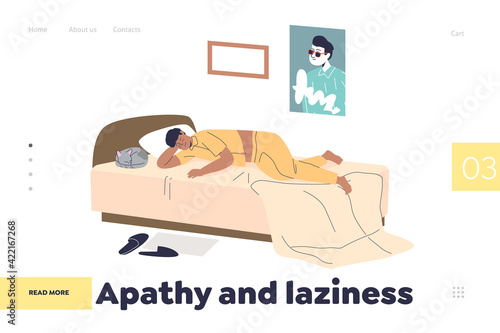 Apathy and laziness concept of landing page with man lying in bed and sleeping