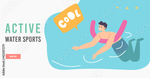 Summer Recreation in Ocean or Lesson Landing Page Template. Little Boy Learning to Swim Floating on Bar in Swimming Pool