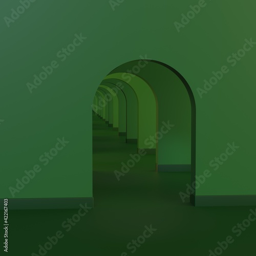 3d rendering of abstract geometric pastel walkway, pastel green color background. Minimal concept for commercial advertising, poster with copy space.