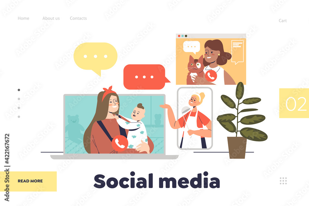 Social media and video calls concept of landing page with people talking during online conference