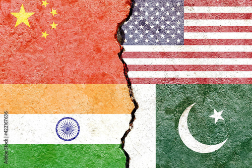 Canvas Print Illustration of flags indicating the political conflict between China-USA-India-
