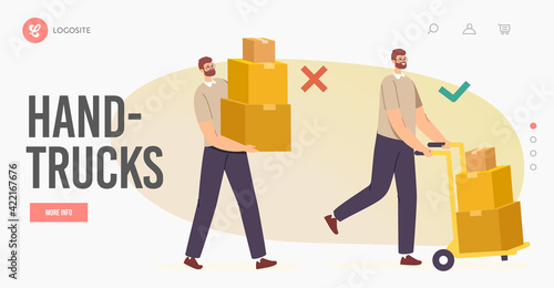 Right and Wrong Manual Handling of Heavy Goods Landing Page Template. Male Characters Carry Carton Boxes on Hand-Truck