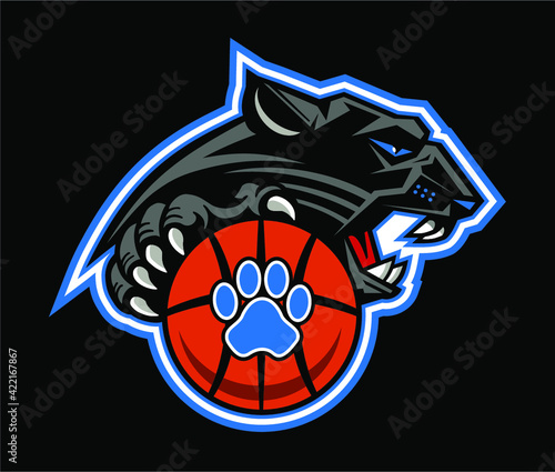 panthers basketball team mascot with ball for school, college or league