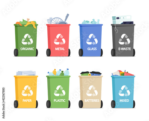 Recycling Bins for Separated Garbage Organic, Metal, Glass with E-Waste and Paper or Plastic Trash, Battaries and Mixed