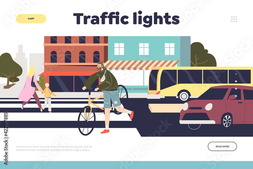 Traffic lights concept of landing page with people crossing street on crosswalk