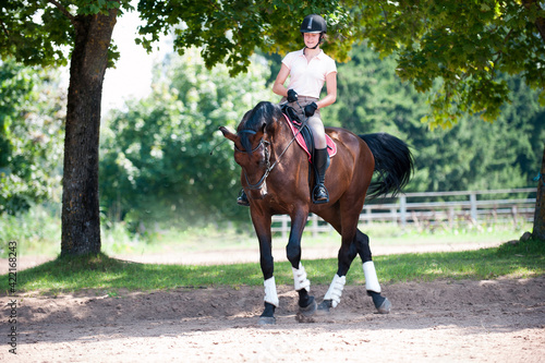Teenage girl equestrian riding horseback on arena at sport training
