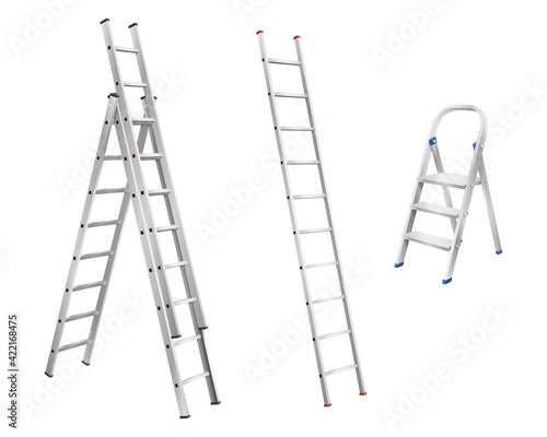 Realistic metal ladders. Set of step ladder and stair cases for household on white background photo