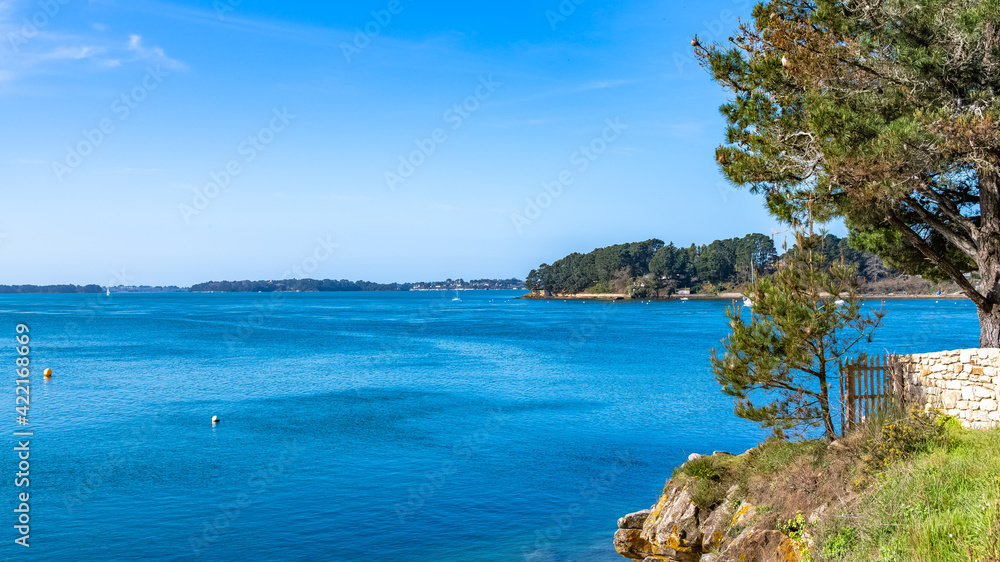 Brittany, panorama of the Morbihan gulf, view from the Ile aux Moines, with a wooden door

