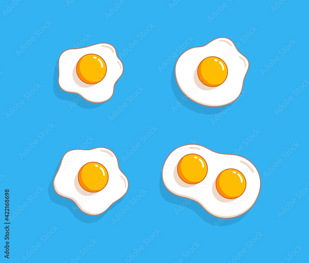 Fried eggs set. Helthy breakfast. Cartoon egg flat trendy design collection. Vector illustration isolated on blue Fried eggs set. Helthy breakfast. Cartoon egg flat trendy design collection. Vector illustration isolated on blue