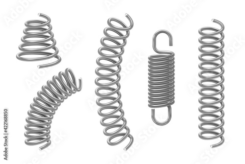 Metal springs set of various shaped tapering. Compressed, extended coils, spirals