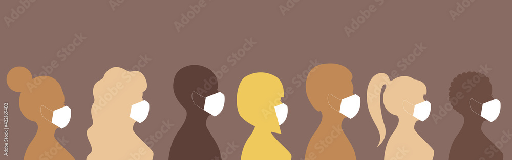 People man and woman silhouette in medical protective masks. Stock vector illustration. 