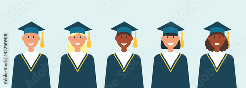 Graduates collection people guys and girls. Institute or college students. Stock vector illustration. 