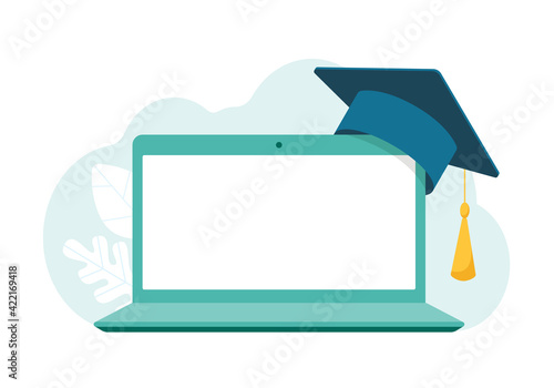 Laptop with blank screen, academic mortarboard graduate cap. Online learning concept. Vector stock illustration.  photo
