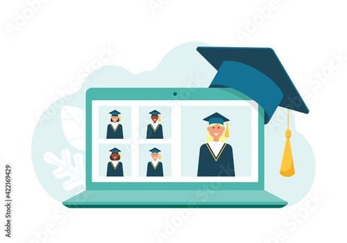 Virtual online graduation ceremony and congratulations of students. Graduation concept during coronavirus pandemic, distance learning. Vector stock illustration. 