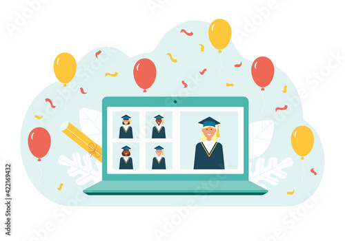Graduation virtual distance online student rewarding ceremony. Laptop, confetti and balloons. Vector stock illustration. 