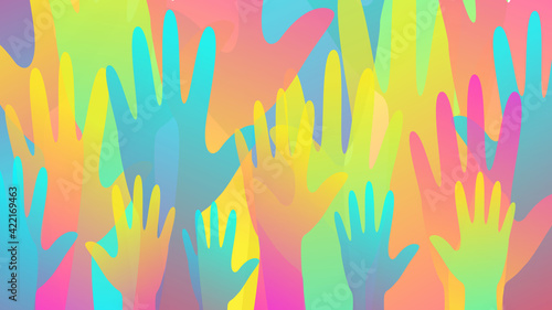 Background of multicolored hands silhouette, diversity concept, volunteering. Vector stock illustration. 