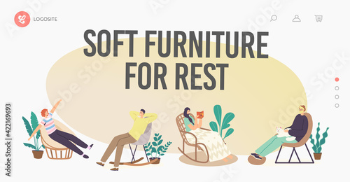 Soft Furniture for Rest Landing Page Template. Characters Relax at Home in Comfortable Chairs or Armchairs