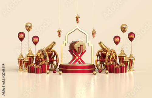 Islamic ramadan greeting background with round podium stage with mosque ornament and decoration, arabic lantern, gift box, traditional cannon and traditional drum - 3d Rendering © Syifa5610