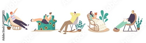Set Male and Female Characters Relax at Home in Comfortable Chairs or Armchairs, Leisure after Work or Weekend in Room