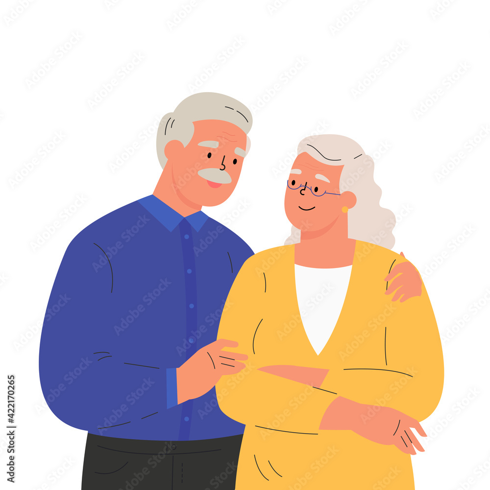 Happy elder man hugging his wife feeling love to each other. Portrait of old couple man and woman. Friendly family relationship. Cartoon vector flat illustration on white background. Happy elder man hugging his wife feeling love to each other. Portrait of old couple man and woman. Friendly family relationship. Cartoon vector flat illustration on white background.