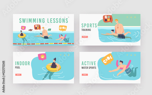 Swimming Lessons Landing Page Template Set. Coach Teaching Kids Characters in Pool. Girl and Boys with Training Tools