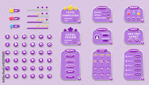 Interface elements for game and app design buttons, windows, and settings GUI, UI.