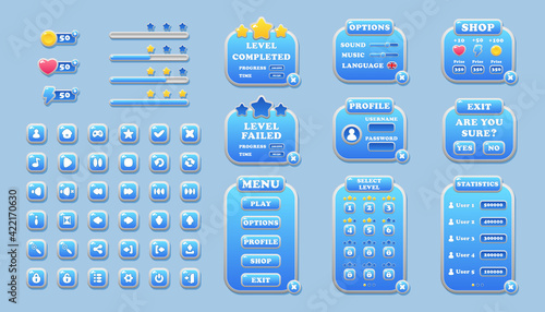 Interface elements for game and app design buttons, windows, and settings GUI, UI.