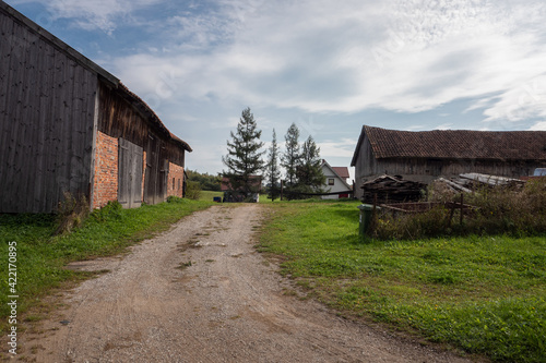 Country road among farm buildings