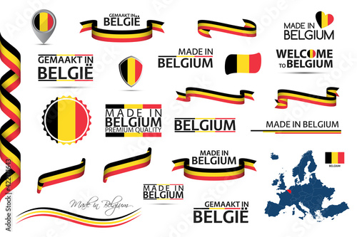 Big vector set of Belgian ribbons, symbols, icons and flags isolated on a white background. Made in Belgium, premium quality, Belgian national tricolor. Set for your infographics and templates