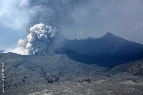 the violent eruption of volcano mount bromo in east java. indonesia photo