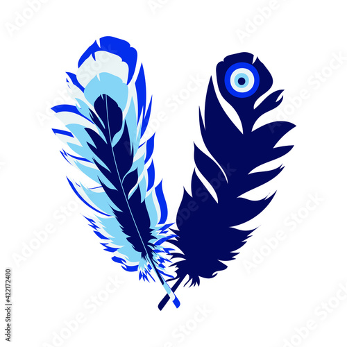 Feathers creative in blue tones with an amulet. Turkish amulet against the evil eye. Blue eye. Guardian Nazar. Vector graphics.