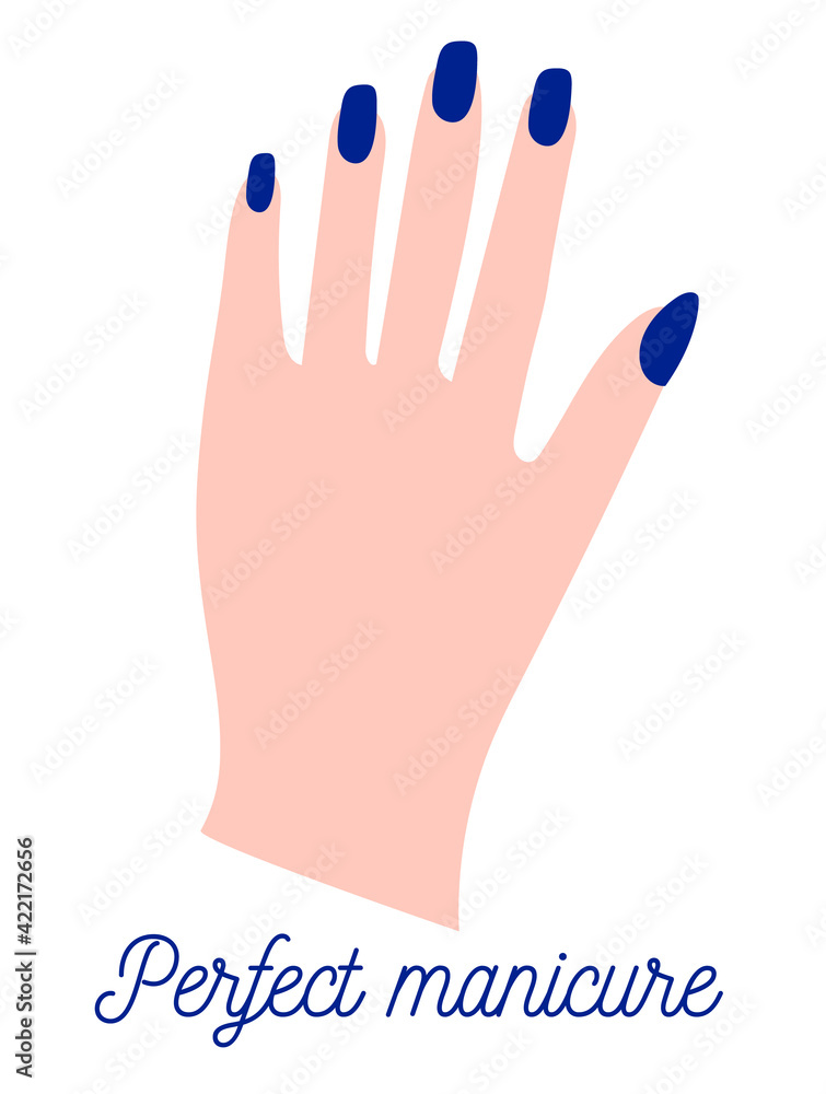 Obraz premium Vector hand with blue manicure. Vector illustration with text for stickers, shop ads, salons, banners, etc
