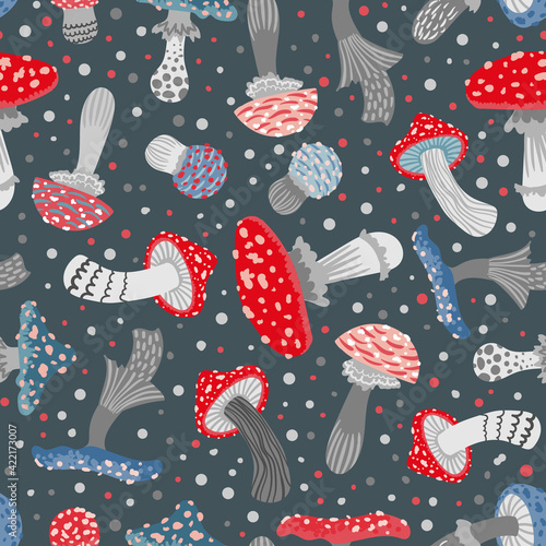 Seamless vector pattern of stylized fly agarics on a dark gray background