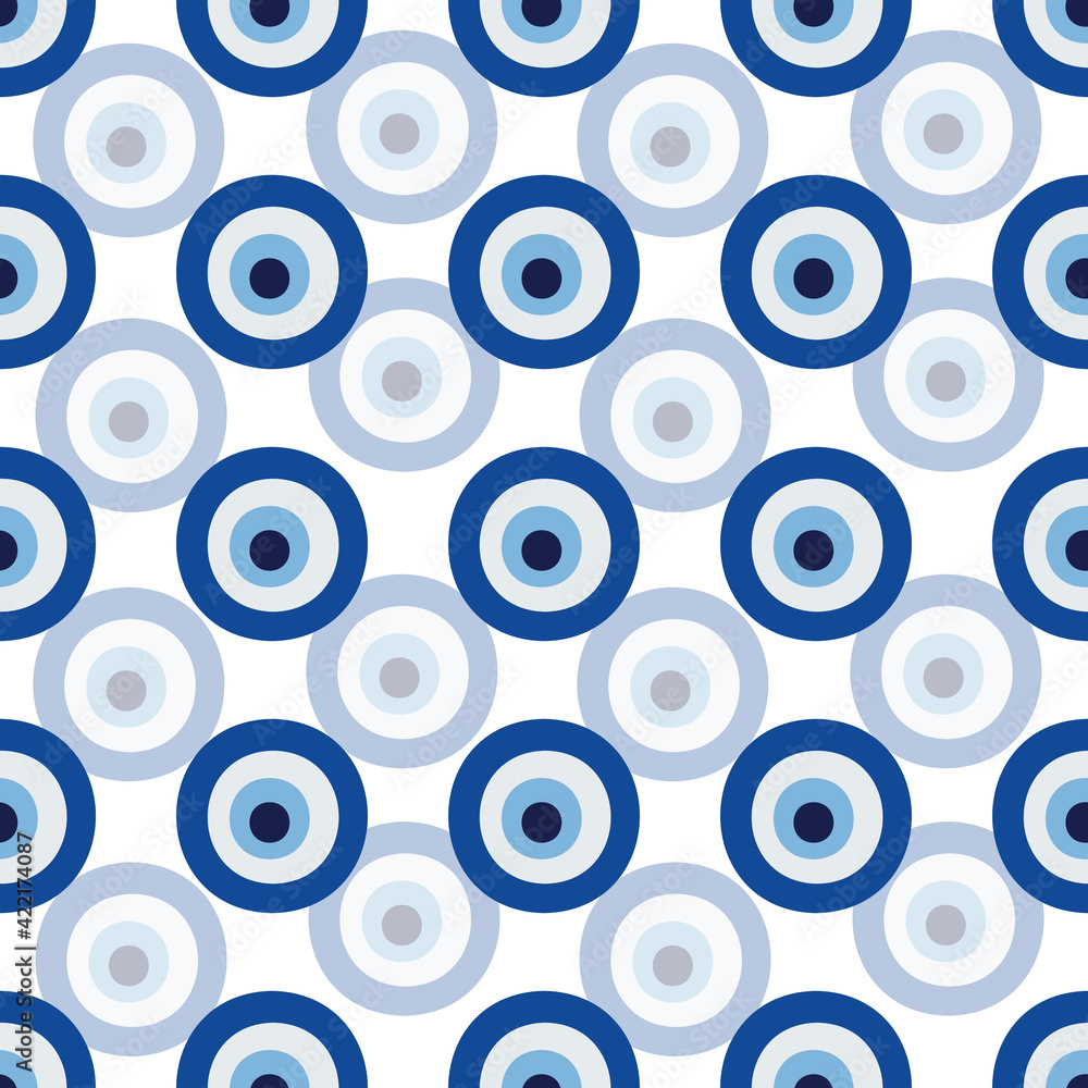 Turkish amulet against the evil eye. Blue eye. Guardian Nazar. Seamless pattern for printing on fabric, textile, paper, interior design. 