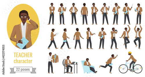 Stylish black african american man teacher poses vector illustration set. Cartoon executive adult male lector character posing in pointing, thinking, speaking on lecture presentation, gestures