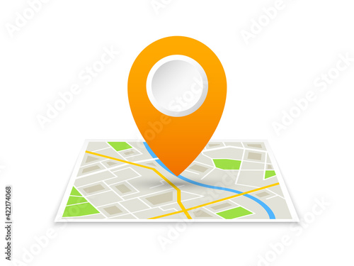 Folded location map with marker. City map with pin pointer. GPS navigation map with city street roads. Vector illustration.